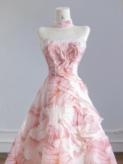 Princess Pink Strapless A-Line Tulle Applique Prom Dresses Beaded Evening Gowns RF0566