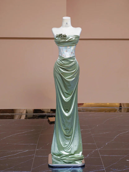 Elegant Green Strapless Mermaid Satin Applique Prom Dresses Formal Evening Dress RF0567