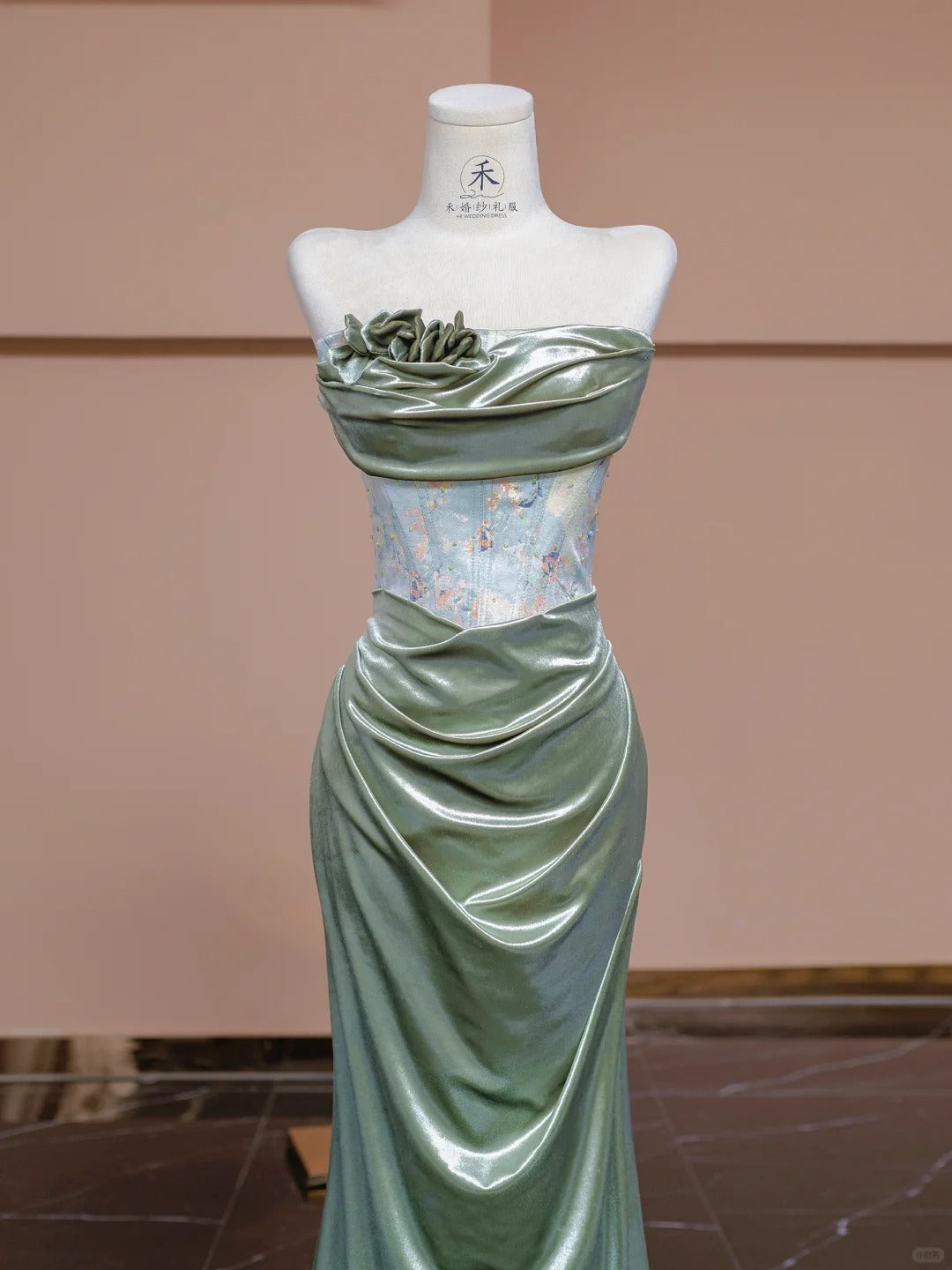 Elegant Green Strapless Mermaid Satin Applique Prom Dresses Formal Evening Dress RF0567