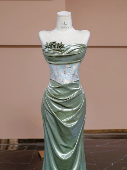 Elegant Green Strapless Mermaid Satin Applique Prom Dresses Formal Evening Dress RF0567