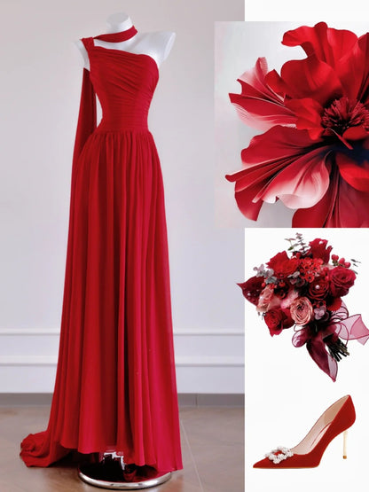 Glam Red One Shoulder A-Line Chiffon Long Prom Dresses Formal Evening Dresses RF0568