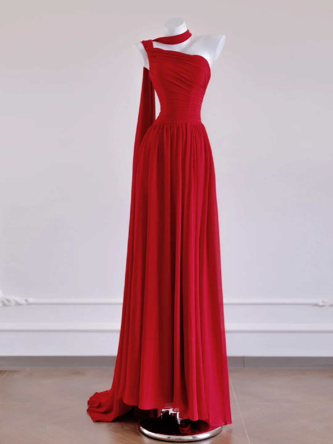 Glam Red One Shoulder A-Line Chiffon Long Prom Dresses Formal Evening Dresses RF0568