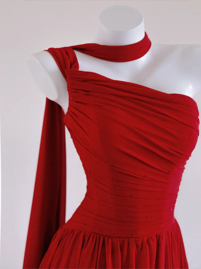 Glam Red One Shoulder A-Line Chiffon Long Prom Dresses Formal Evening Dresses RF0568