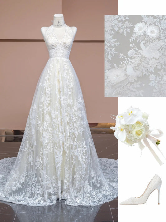 Elegant White V-neck Lace Applique A-Line Wedding Dress with Train RF0569