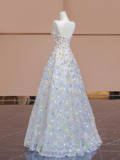 Fairytale White Strapless A-Line Applique Tulle Wedding Dress Sweet 16 Evening Gowns RF0571