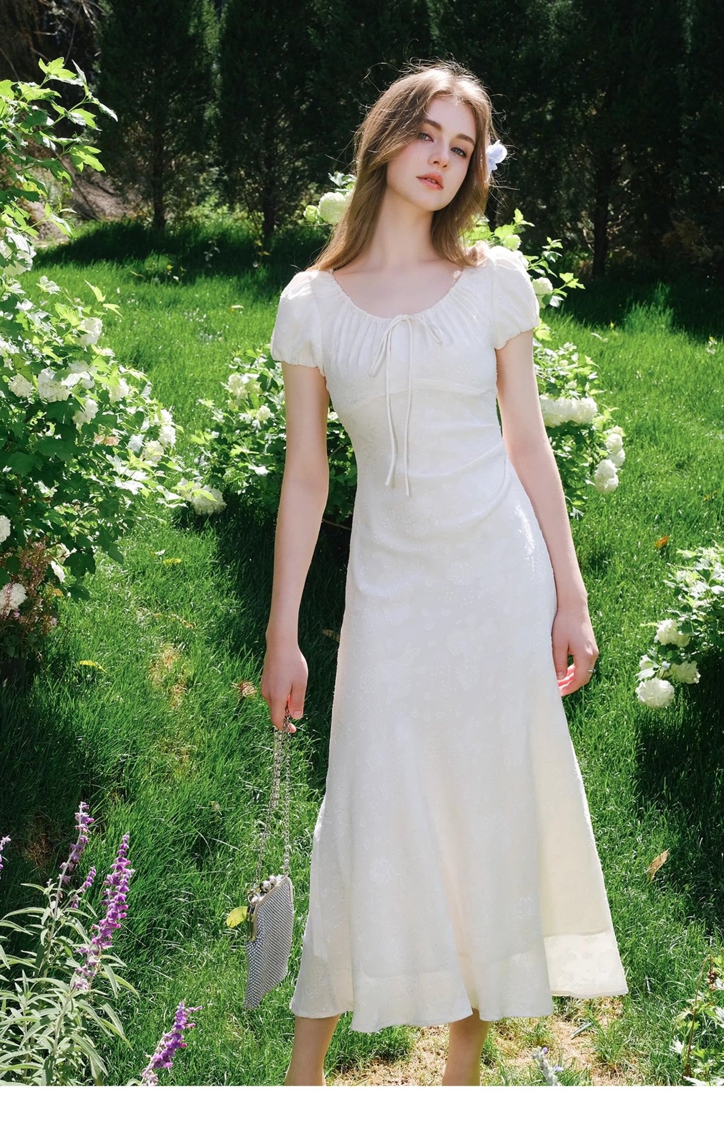 French Style White Square Neck Short Sleeve A-Line Dress RF0572