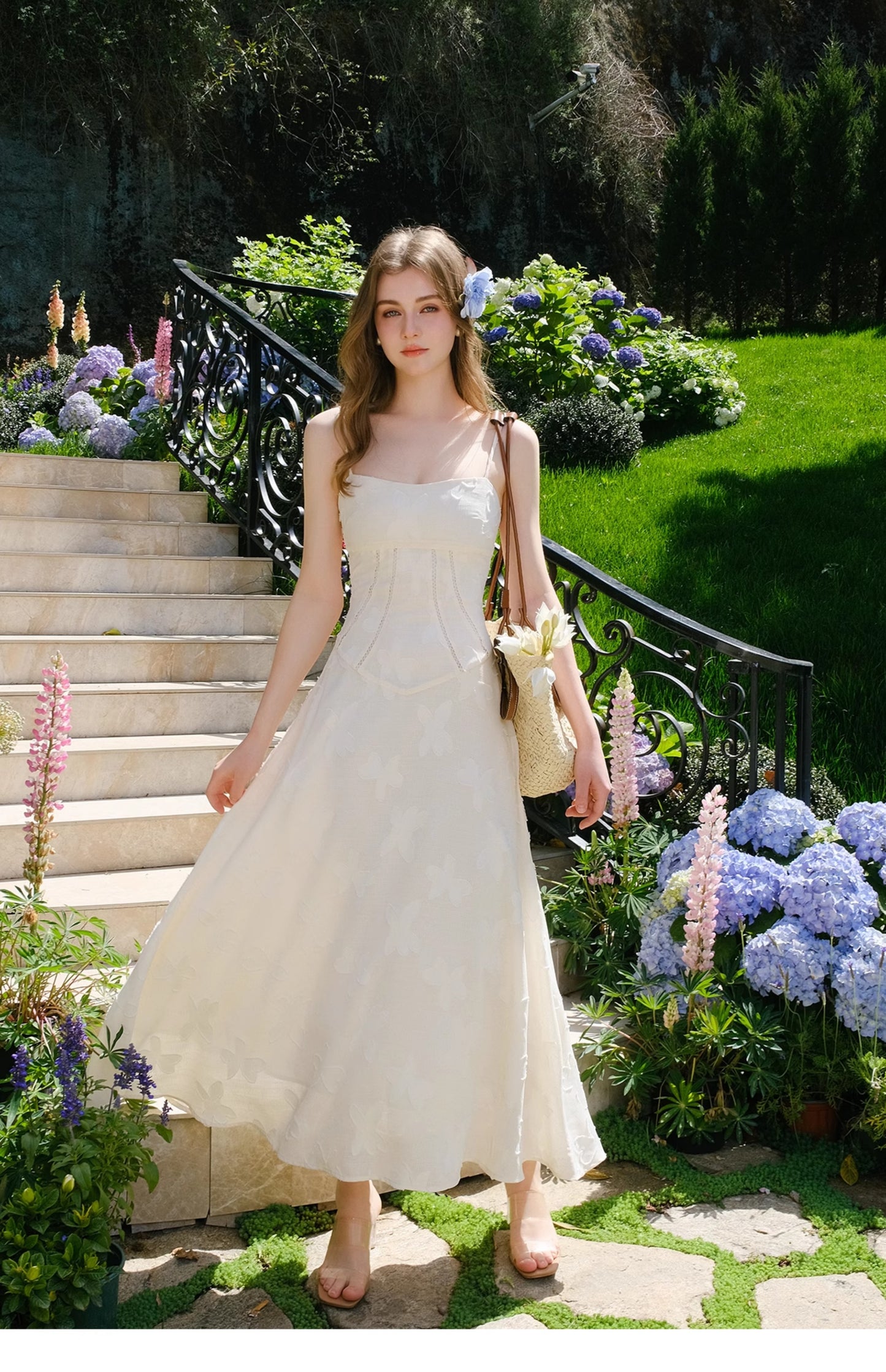 French White Spaghetti Straps Chiffon A-Line Summer Fashion Birthday Party Dress RF0573