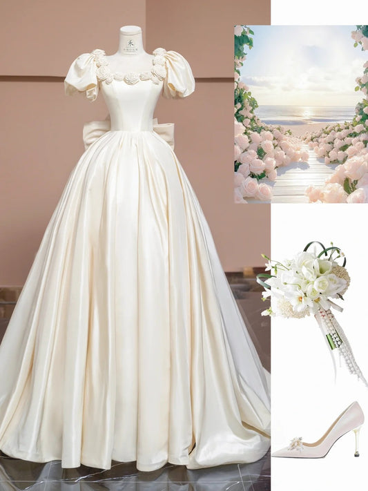 Charming Off-White A-Line Satin Square Neck Wedding Dress with 3D Flowers RF0575