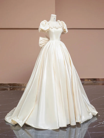 Charming Off-White A-Line Satin Square Neck Wedding Dress with 3D Flowers RF0575