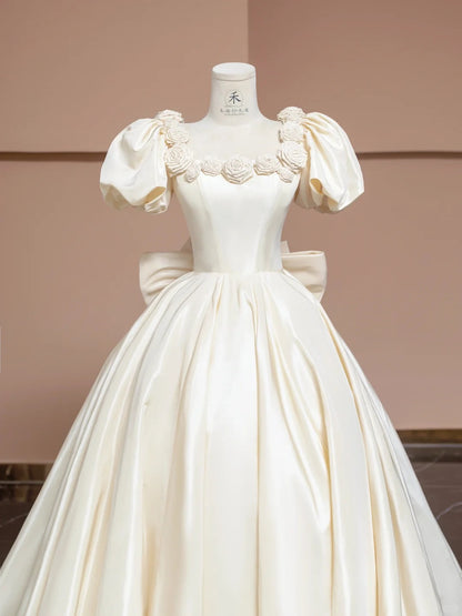 Charming Off-White A-Line Satin Square Neck Wedding Dress with 3D Flowers RF0575
