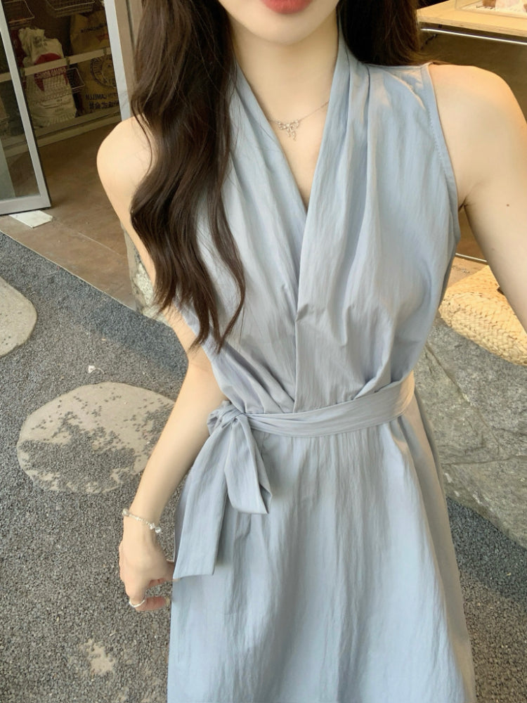 French Black Gentle V-neck A-line Summer Dress RF0577