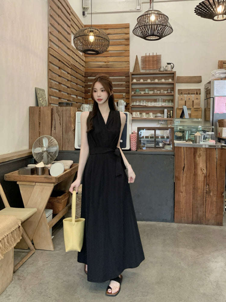 French Black Gentle V-neck A-line Summer Dress RF0577