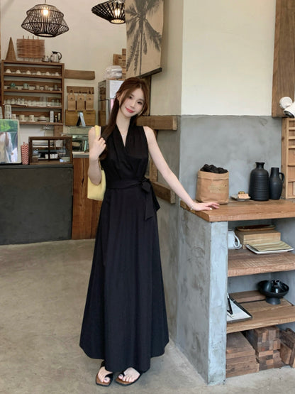 French Black Gentle V-neck A-line Summer Dress RF0577