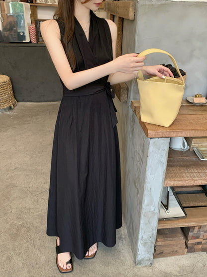 French Black Gentle V-neck A-line Summer Dress RF0577