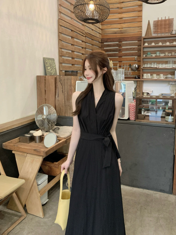 French Black Gentle V-neck A-line Summer Dress RF0577