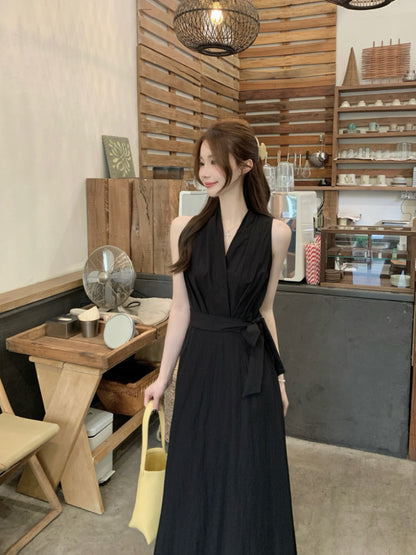 French Black Gentle V-neck A-line Summer Dress RF0577