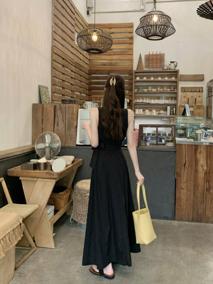French Black Gentle V-neck A-line Summer Dress RF0577
