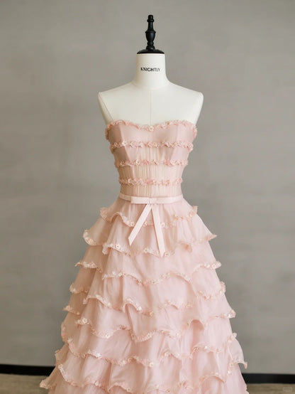 Sweet Pink Strapless A-Line Tulle Sequined Evening Gown RF0579