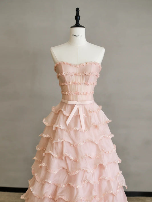 Sweet Pink Strapless A-Line Tulle Sequined Evening Gown RF0579