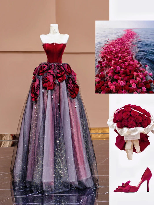 Stunning Burgundy Strapless Velvet A-Line  Tulle Long Prom Dresses Unique Wedding Dress RF0580
