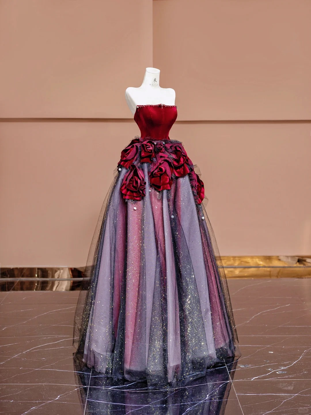 Stunning Burgundy Strapless Velvet A-Line  Tulle Long Prom Dresses Unique Wedding Dress RF0580