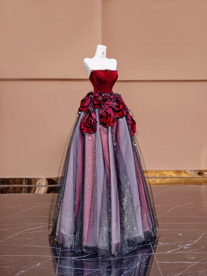 Stunning Burgundy Strapless Velvet A-Line  Tulle Long Prom Dresses Unique Wedding Dress RF0580