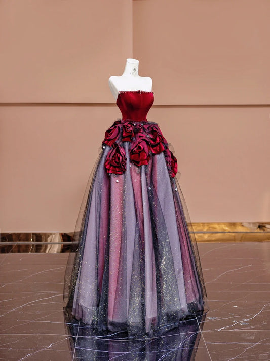 Stunning Burgundy Strapless Velvet A-Line  Tulle Long Prom Dresses Unique Wedding Dress RF0580