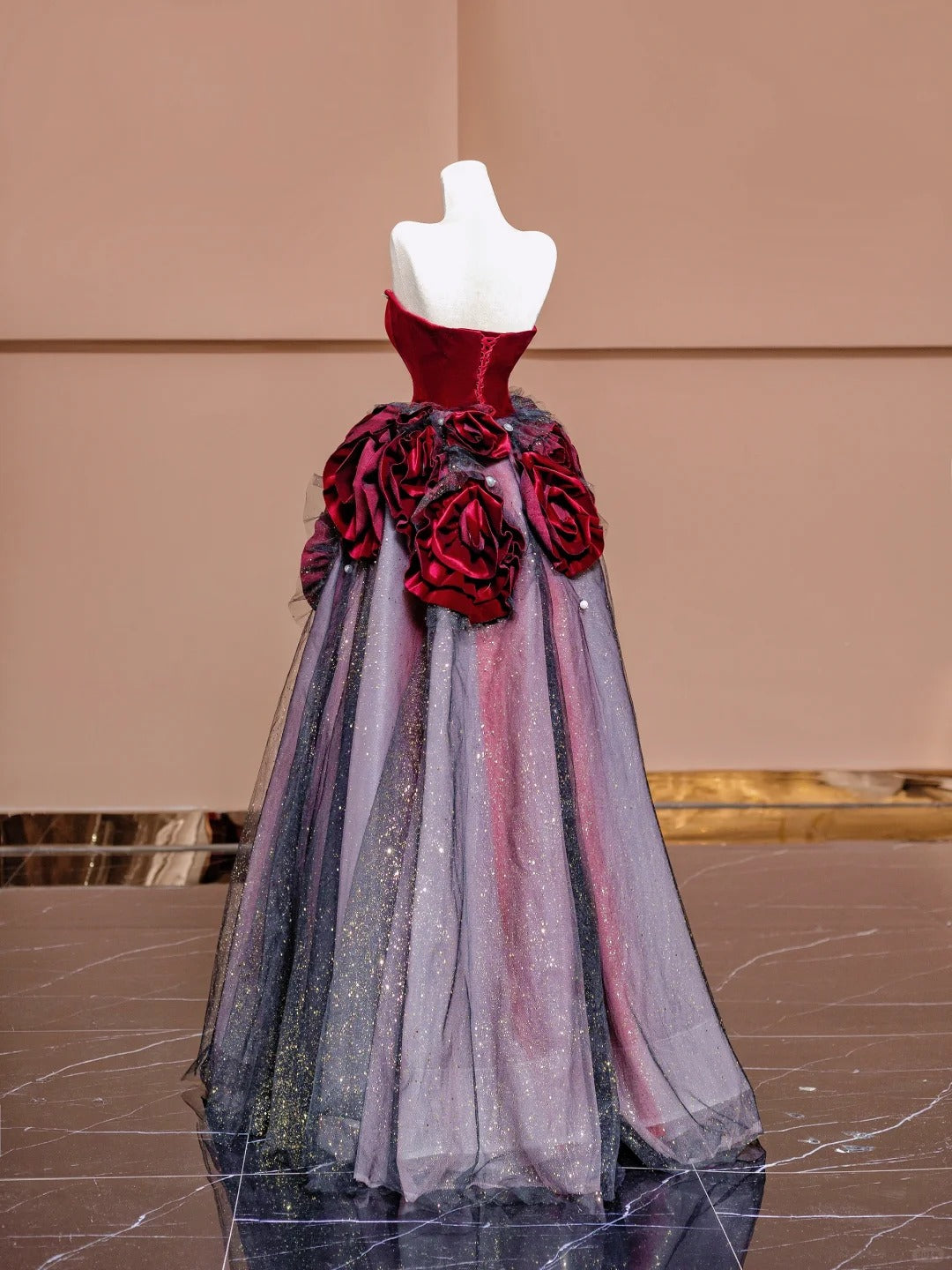 Stunning Burgundy Strapless Velvet A-Line  Tulle Long Prom Dresses Unique Wedding Dress RF0580