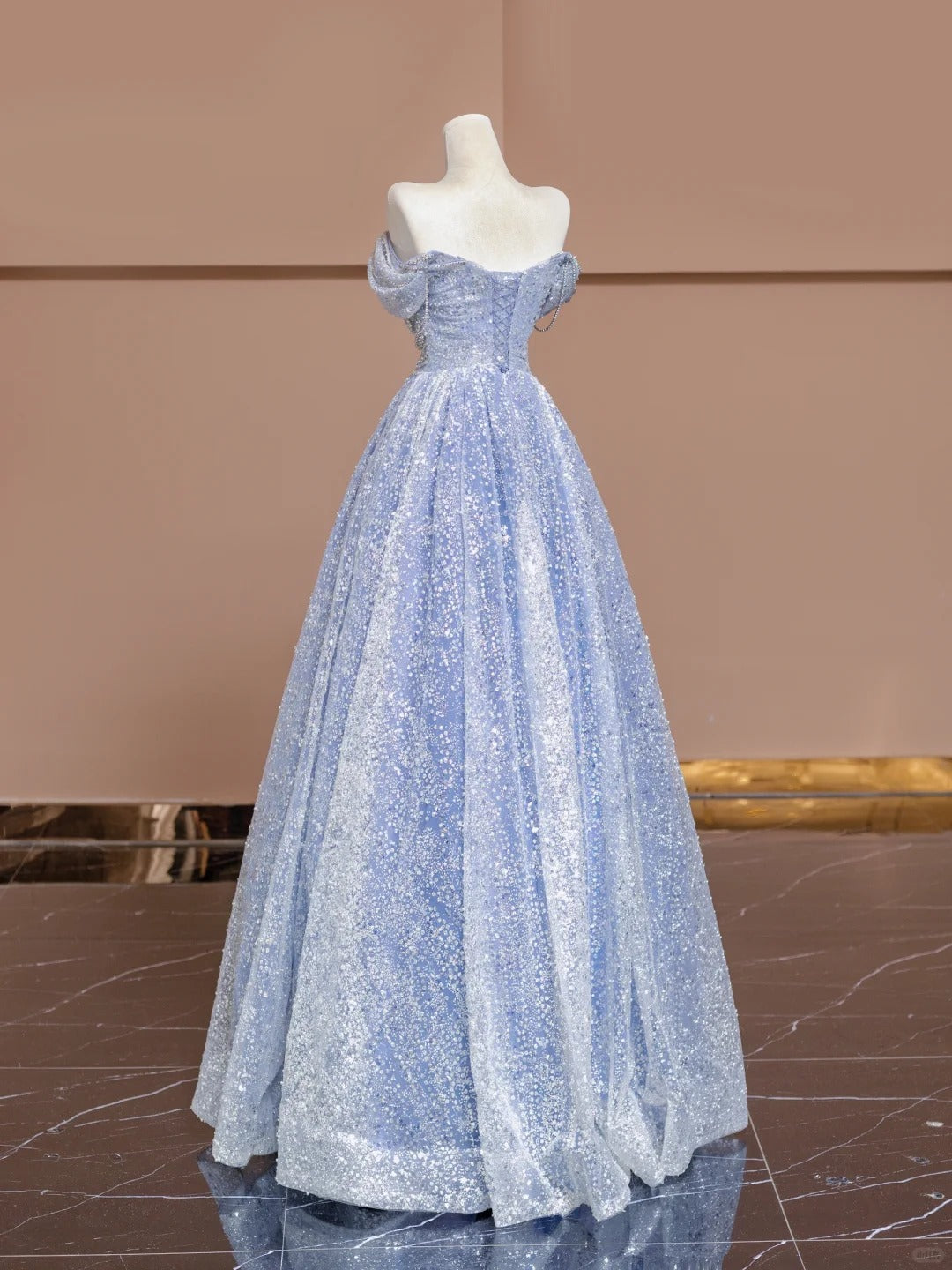 Gorgeous Blue Off Shoulder Beaded A-Line Tulle Sequin Long Prom Dresses Formal Evening Dresses RF0582