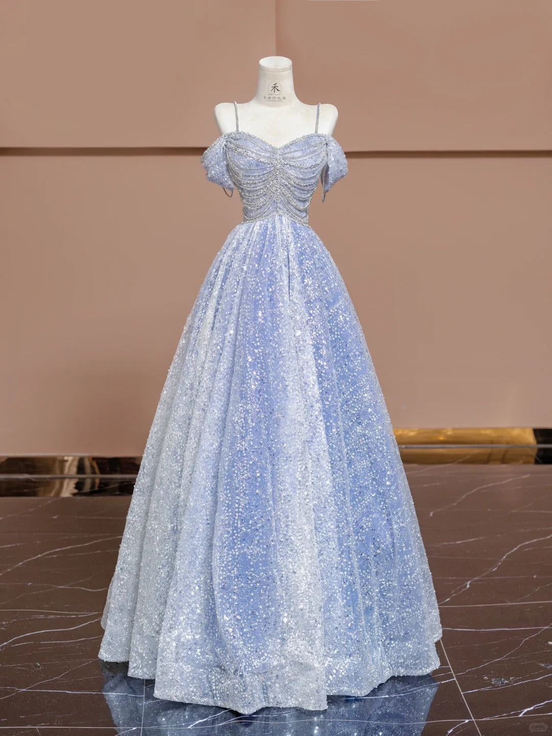 Gorgeous Blue Off Shoulder Beaded A-Line Tulle Sequin Long Prom Dresses Formal Evening Dresses RF0582