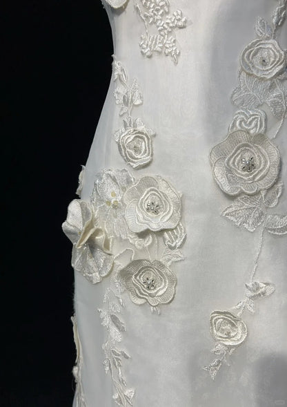Simple White Strapless A-Line Tulle Applique Train Wedding Dress RF0585