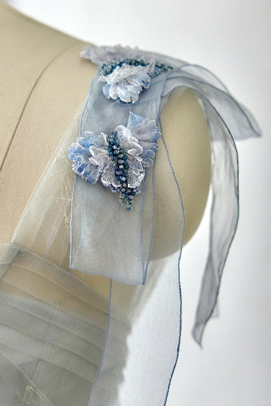 Sweet Sky Blue Square Neck A-Line Tulle Embroidery Applique Prom Dresses Formal Evening Dress RF0587