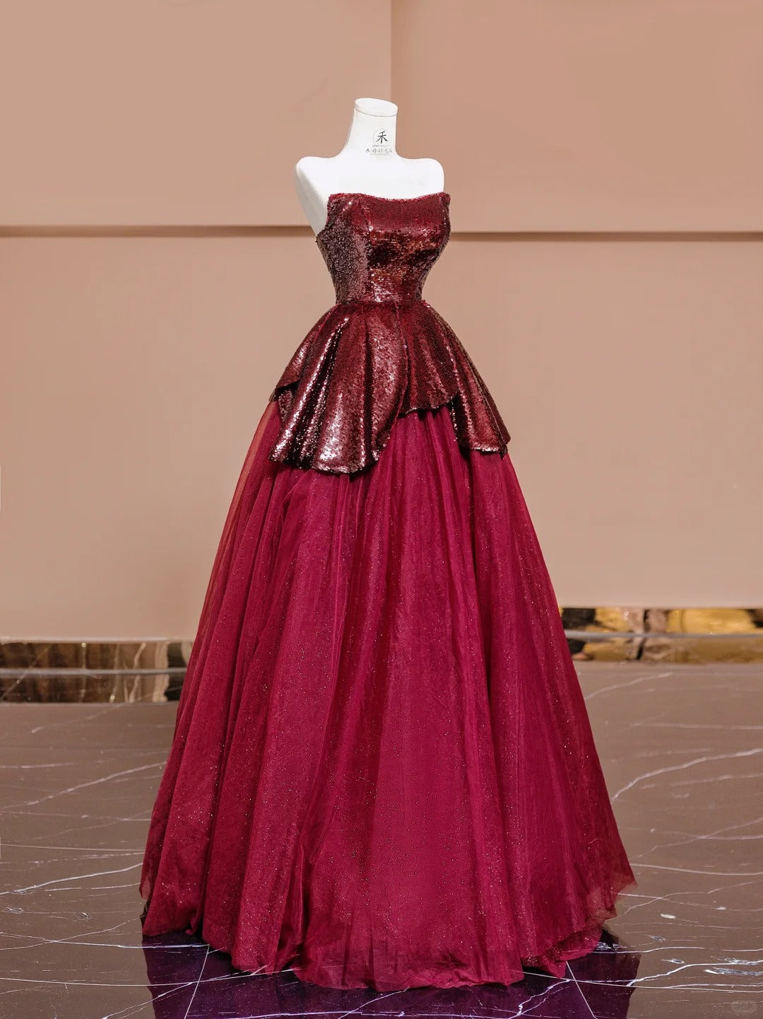 Stunning Burgundy Strapless A-Line Chiffon Sequin Prom Dresses Formal Evening Dresses RF0589