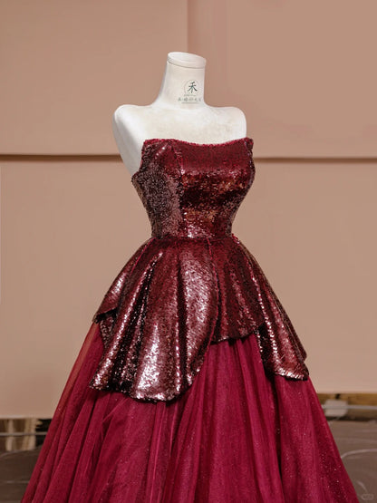 Stunning Burgundy Strapless A-Line Chiffon Sequin Prom Dresses Formal Evening Dresses RF0589