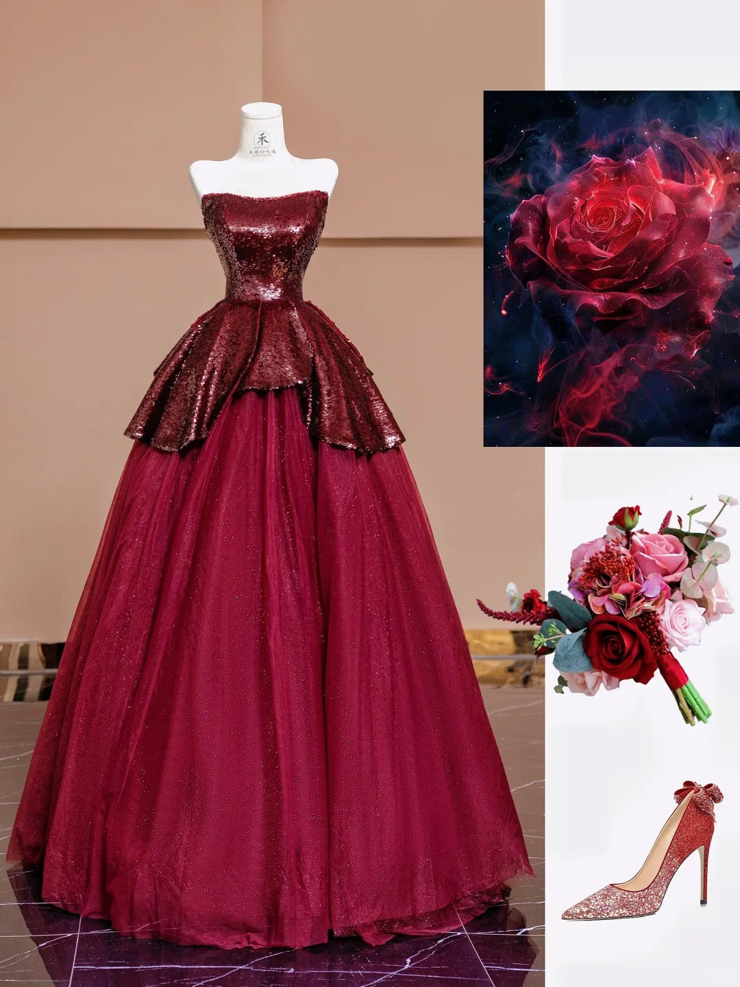 Stunning Burgundy Strapless A-Line Chiffon Sequin Prom Dresses Formal Evening Dresses RF0589