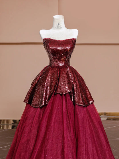 Stunning Burgundy Strapless A-Line Chiffon Sequin Prom Dresses Formal Evening Dresses RF0589