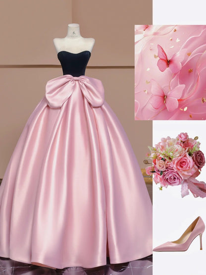 Cute Pink Strapless A-Line Satin Velvet Prom Dresses Sweet 16 Evening Gowns RF0590