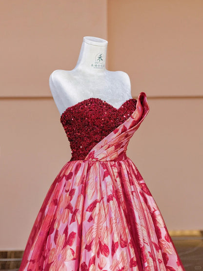 Elegant Red Sweetheart Neck A-Line Jacquard Satin Wedding Dress Formal Evening Gowns RF0591