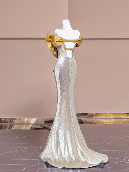 Elegant Yellow Off Shoulder Mermaid Sequin Evening Gowns  RF0594
