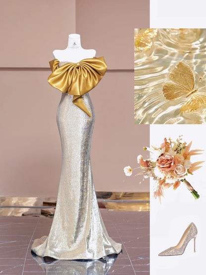 Elegant Yellow Off Shoulder Mermaid Sequin Evening Gowns  RF0594