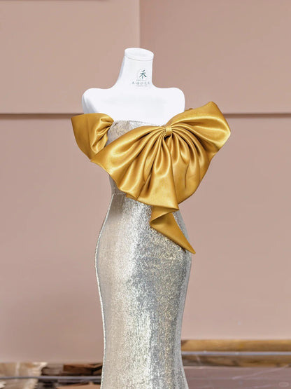 Elegant Yellow Off Shoulder Mermaid Sequin Evening Gowns  RF0594