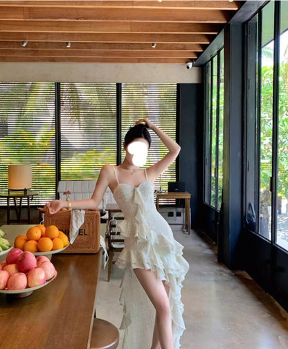 French Spaghetti Straps Apricot Chiffon Fashion Ruffle Dress RF0597