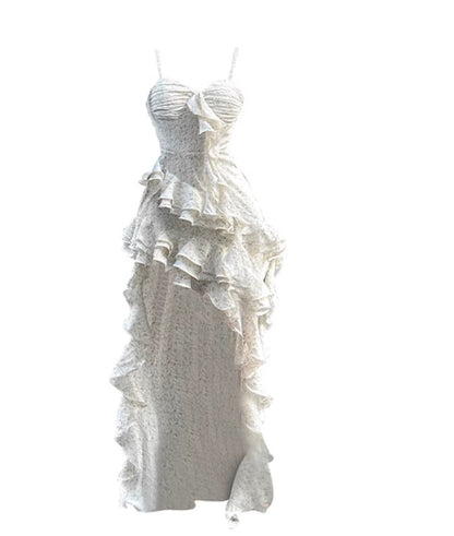 French Spaghetti Straps Apricot Chiffon Fashion Ruffle Dress RF0597