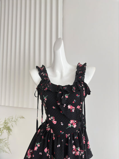 French Black Printed Chiffon A-Line Suspender Skirt RF0601