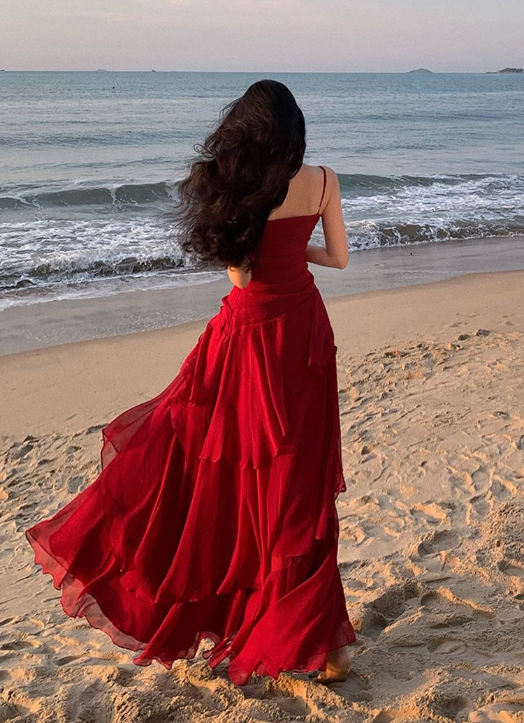 Vintage Red Chiffon A-Line Ruffle Straps Dress RF0605