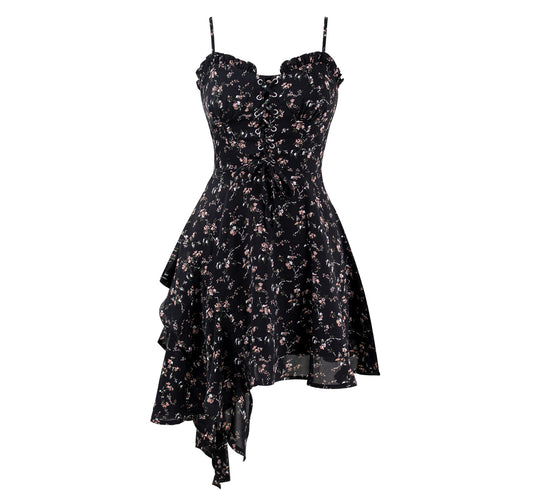 Stylish Black Chiffon Floral Straps Dress RF0606