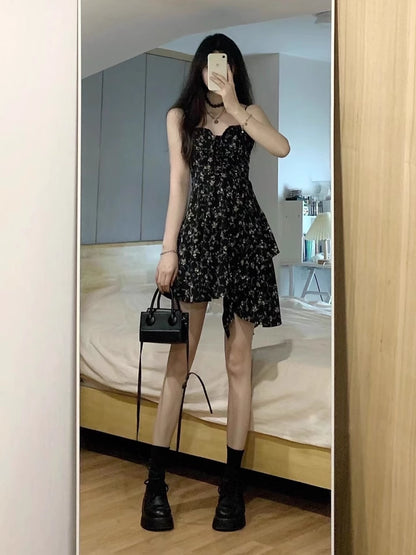 Stylish Black Chiffon Floral Straps Dress RF0606