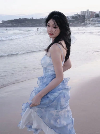 Fairytale Blue Chiffon Straps Ruffle Dress RF0607