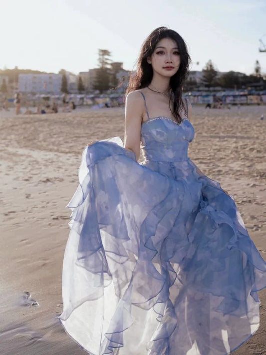 Fairytale Blue Chiffon Straps Ruffle Dress RF0607