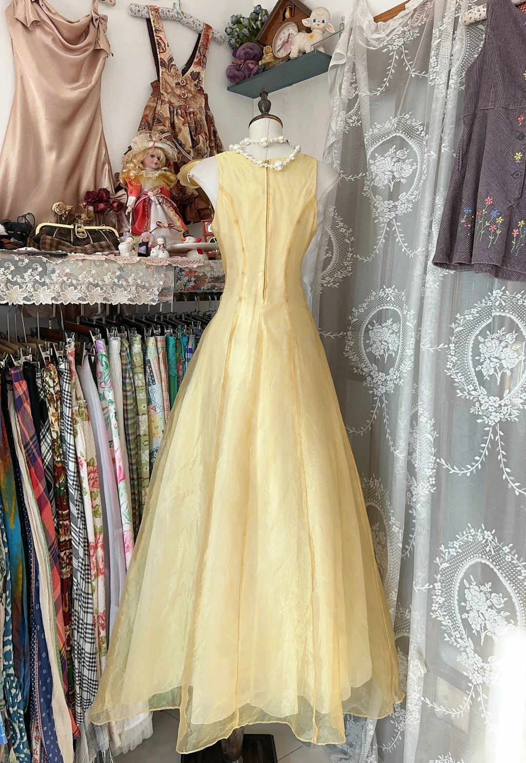 Glam Butter Yellow Evening Gowns Round Neck A-Line Tulle Party Dress  RF0608